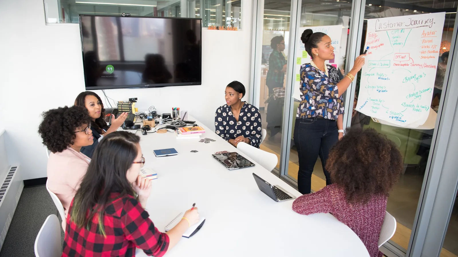 A team in a meeting room working through their own documents with a facilitator at the board.